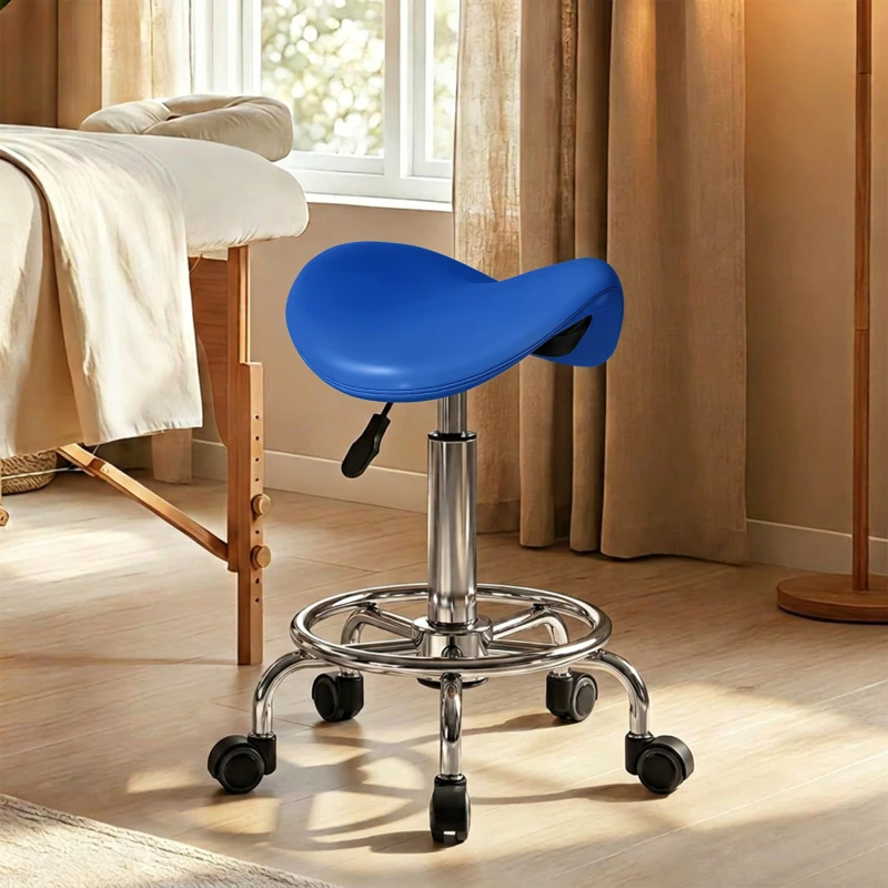 HOMCOM Salon Saddle Stool, Rolling Saddle Chair for Massage, Spa, Clinic, Beauty, Hairdressing and Tattoo, Blue