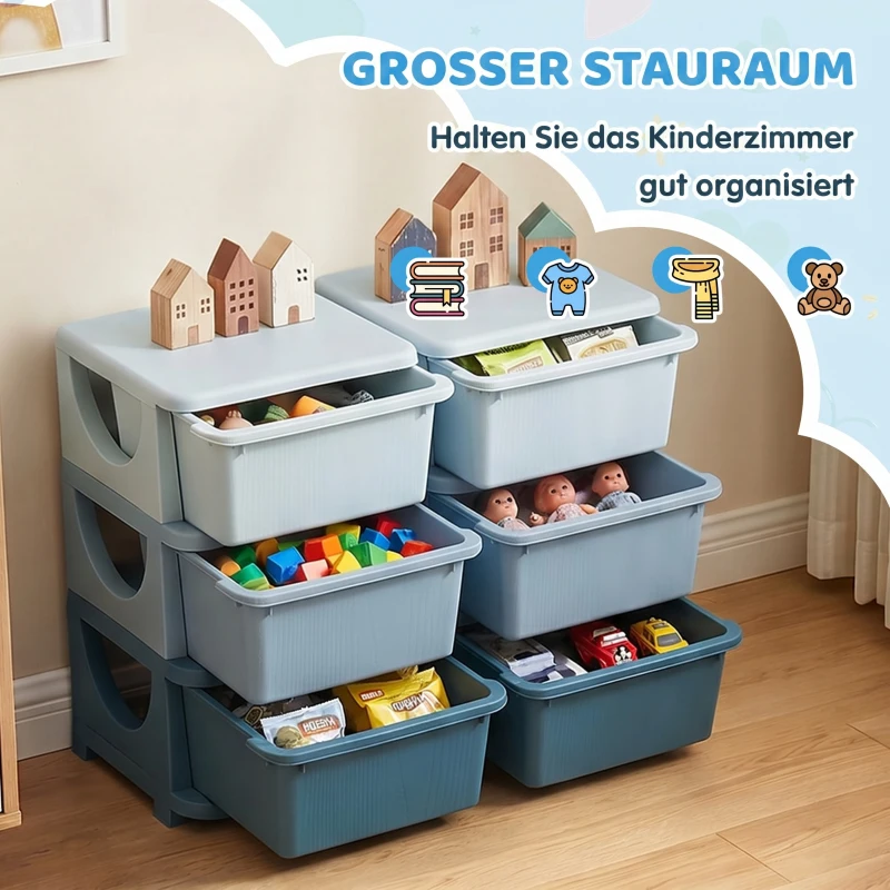 HOMCOM Aufbewahrungsbox für Kinder, Kinder-Aufbewahrungsbox, 3 Schubladen, Blau