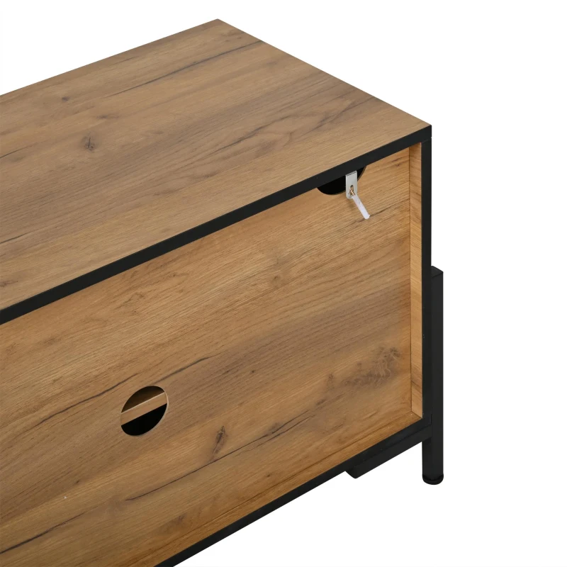 Comodă TV joasă, cu design geometric contrastant, potrivită pentru televizoare de până la aprox. 65 inch, 153x40x50 cm, Culoare naturală