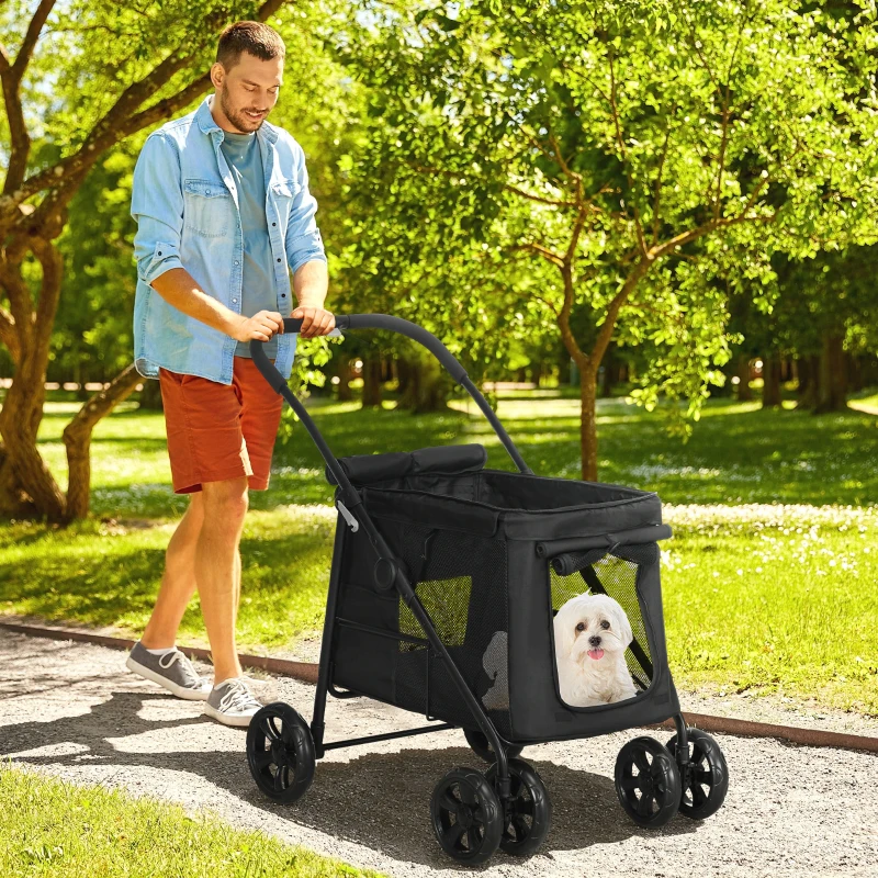 PawHut Hondenbuggy met Kussen, 3 Zijvakken, Opvouwbaar, Hondenkar, 102 cm x 62 cm x 105 cm, Zwart(m-2)