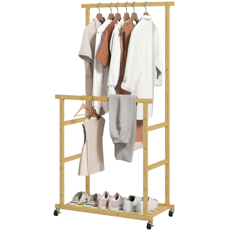 HOMCOM Kledingrek op wielen, garderoberek met kledingstang, schoenenplaat, van bamboe, 80 x 40 x 160 cm, natuur