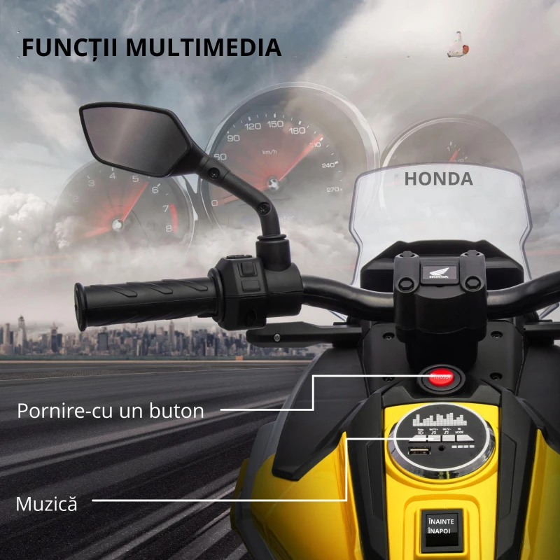 AIYAPLAY Motocicletă electrică pentru copii, Honda, 3 km/h, Muzică & Lumină, 3-6 ani, până la 30 kg, Galben