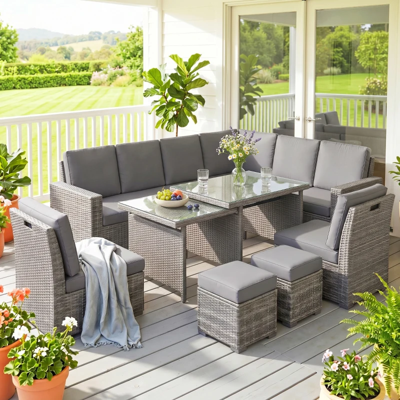 Outsunny Seven-Piece Rattan Garden Sofa Set, with Expanding Table - Light Grey