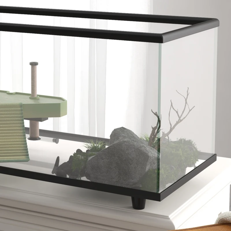 PawHut Aquarium pour Tortues 50 L Terrarium pour Petites Tortues avec Plateforme Rampe et Thermomètre 60x30x32 cm Transparent