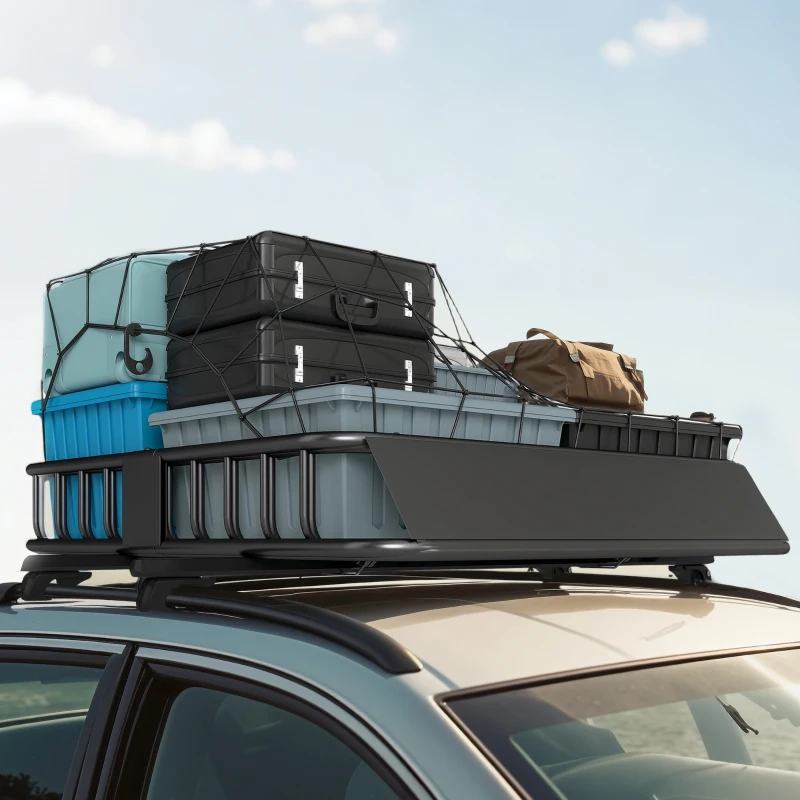 HOMCOM Auto Dakbagagedrager, Dakmand, 90,7 kg Draagvermogen, met Winddeflector, Stalen Buizen, Zwart(m-9)