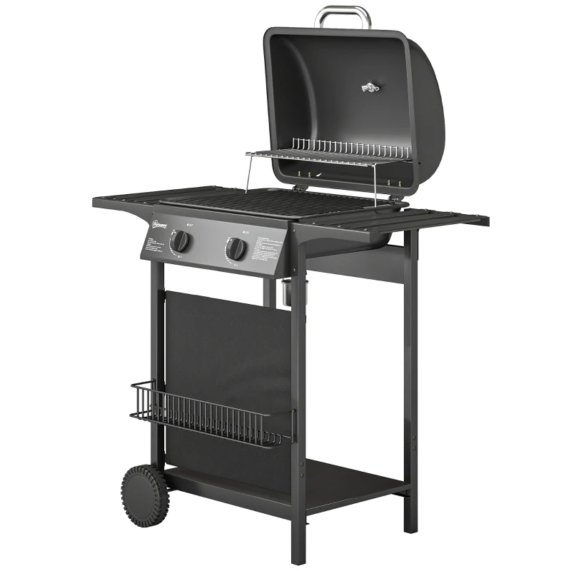 Outsunny Barbecue Gas con 2 Bruciatori, Tavolini Laterali e Termometro Integrato, in Acciaio Inox, 99x56x95 cm, Nero