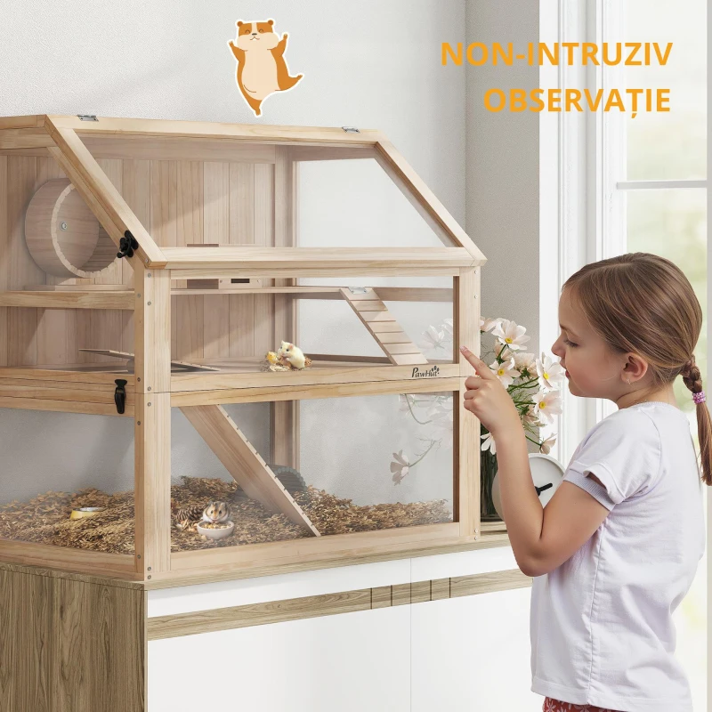 PawHut Cușcă pentru hamster/rozătoare cu 3 niveluri, fund detașabil 31 cm adâncime, căsuță, leagăn, 80x50x76cm, finisaj lemn natural