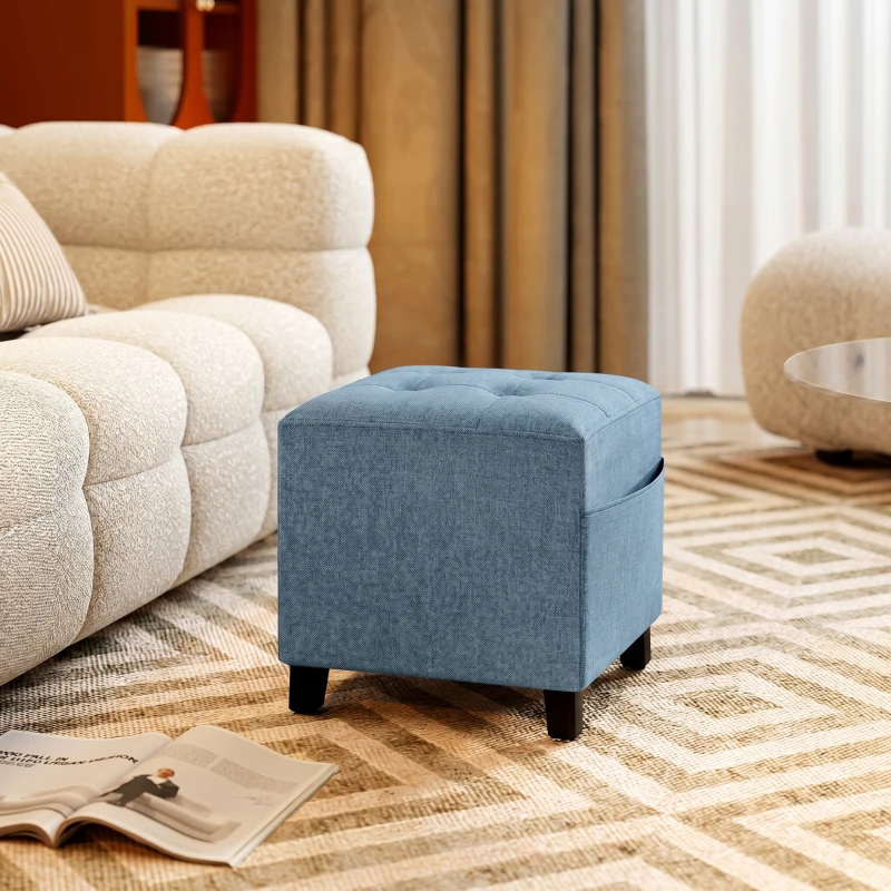 HOMCOM Small Ottoman, Square Footstool with Side Pocket, Rubber Wood Legs and Padded Seat for Living Room, Dark Blue