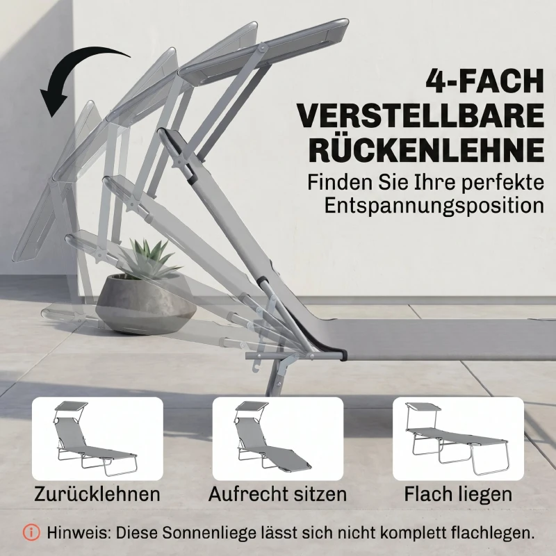 Outsunny Klapbare ligstoel met zonnescherm, verstelbare rugleuning, metalen frame, 187 x 58 x 36 cm, lichtgrijs