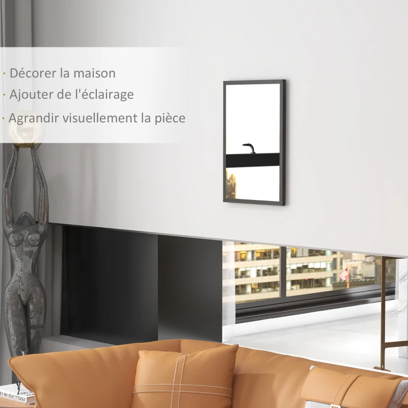 HOMCOM Miroir mural rectangulaire 50 x 70 cm, cadre en bois noir, idéal pour la salle de bain, salon ou chambre