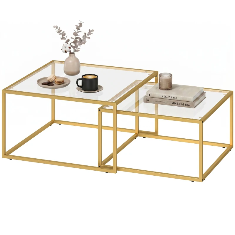 HOMCOM 2 Mesas de Centro Cuadradas Mesas Nido Modernas con Tablero de Vidrio Templado y Estructura Metálica 75x75x42 cm Dorado