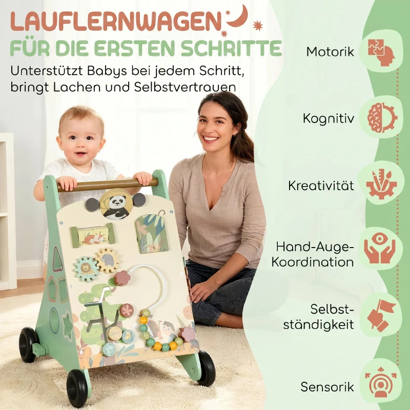 AIYAPLAY Pchacz drewniany Montessori pomoc w nauce chodzenia z regulacją prędkości, cymbałki, zębatki i labirynt z koralikami, zielony
