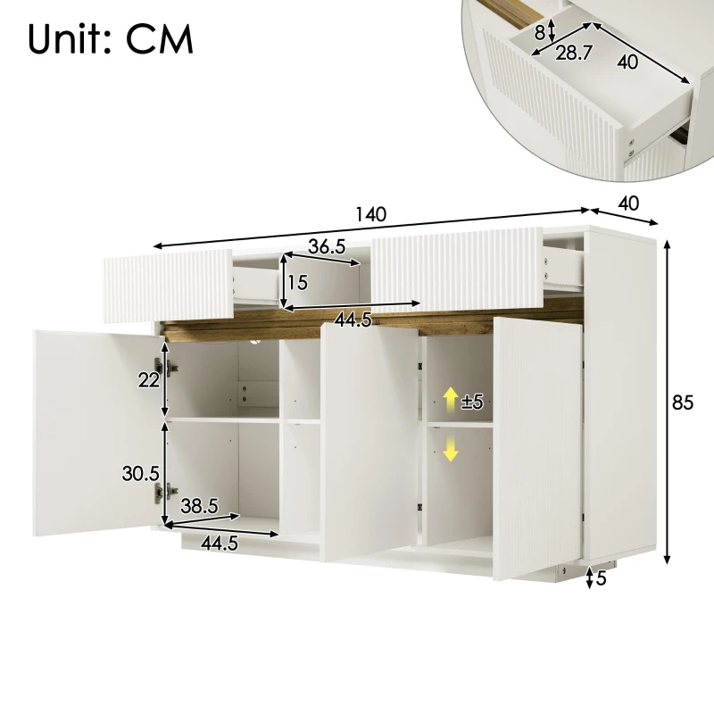 Comodă modernă cu bandă LED, 2 sertare și 3 uși, polițe reglabile, 140x40x85 cm, Alb