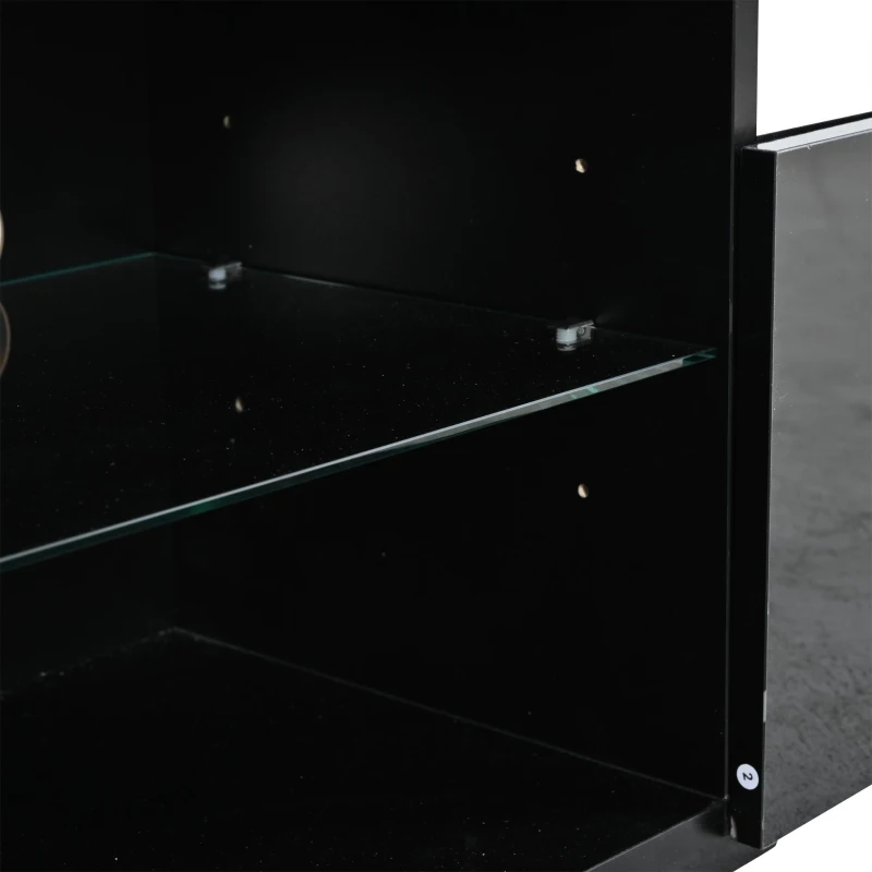 TV-Lowboard mit Hochglanz-Front, verstellbare Trennwand aus gehärtetem Glas, geeignet für Fernseher bis ca. 80 Zoll, 180x35x45 cm, Schwarz