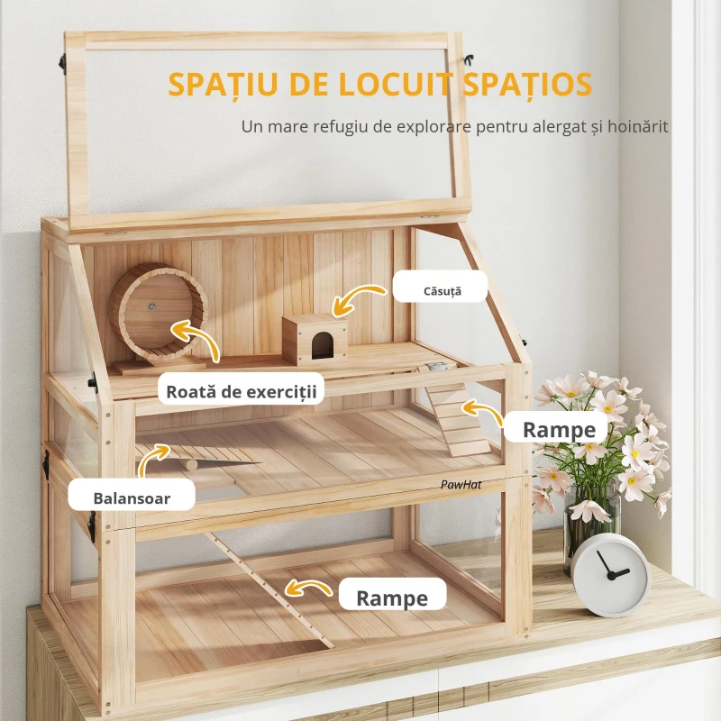 PawHut Cușcă pentru hamster/rozătoare cu 3 niveluri, fund detașabil 31 cm adâncime, căsuță, leagăn, 80x50x76cm, finisaj lemn natural