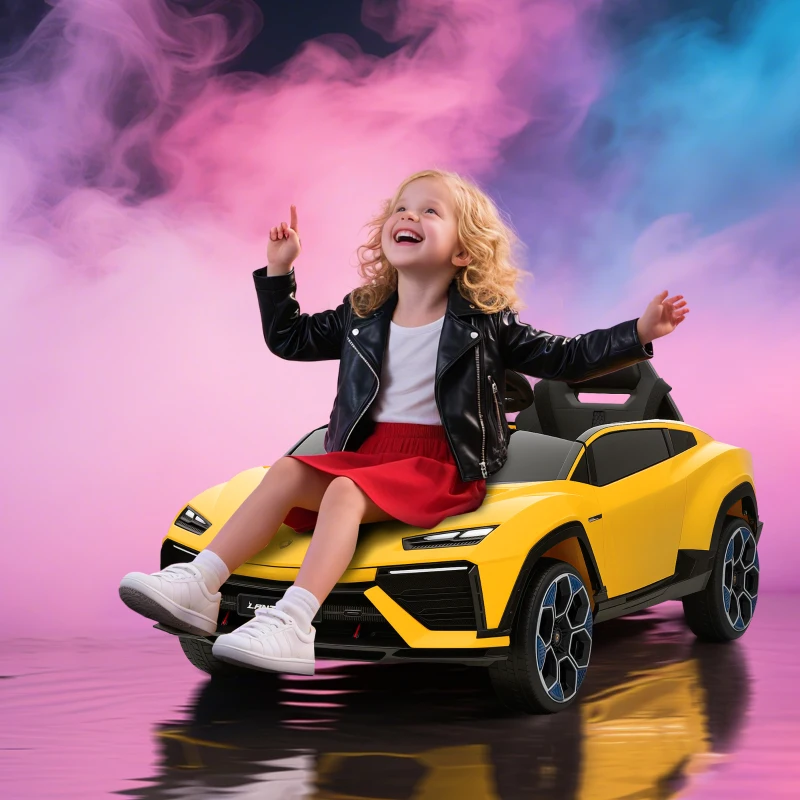 AIYAPLAY Kinder Elektroauto 12V Kinderauto mit 2,4 GHz Fernbedienung, 2 Motor, Hupe, LED, Musik, 101,5 x 49 x 43 cm, Gelb
