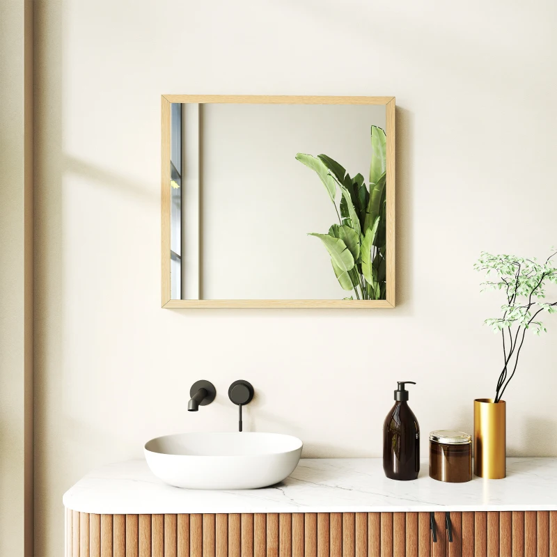 HOMCOM Miroir mural carré 50 x 50 cm, cadre en bois naturel, idéal pour la salle de bain, salon ou chambre