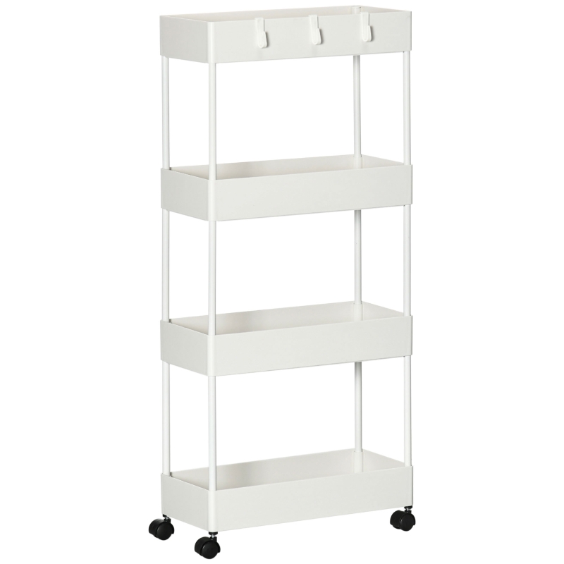HOMCOM keukenwagen met 4 schappen, 3 flexibele haken, 4 wielen, 40 cm x 19 cm x 90 cm, wit