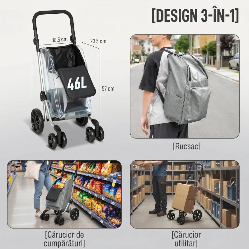 HOMCOM Cărucior de Cumpărături Pliabil din Aluminiu cu Roți, Geantă de 46L, Compartiment Frigorific, Mâner Reglabil, Gri