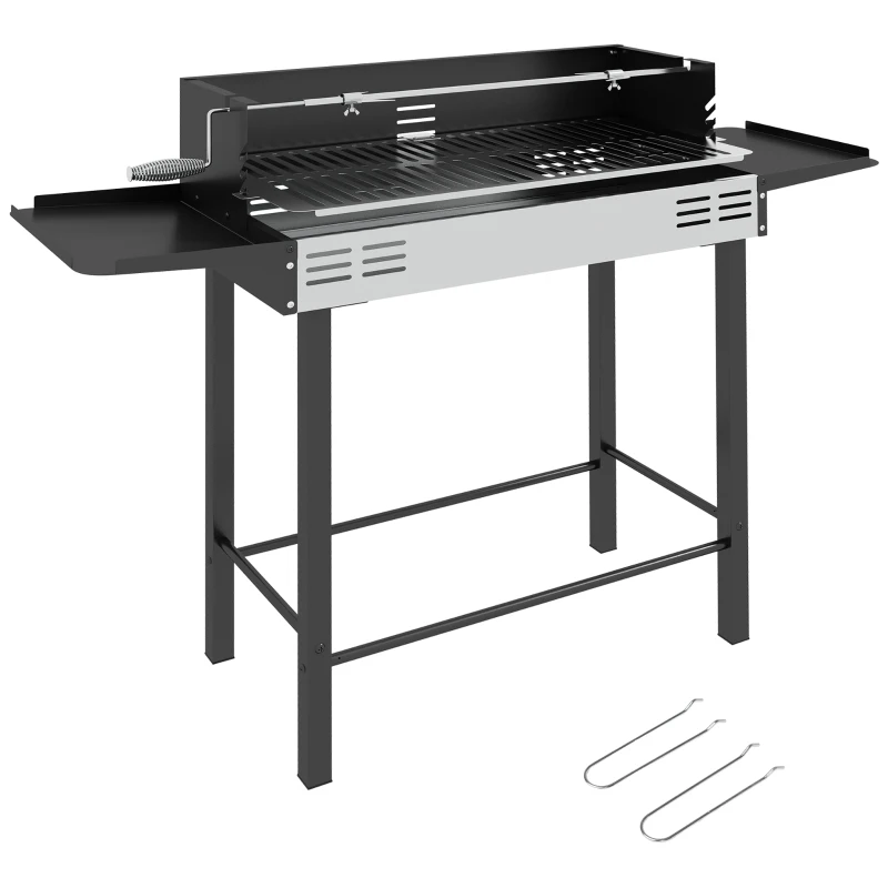 Outsunny Houtskoolgrill BBQ-Grill, verstelbaar rooster, 1 draaispies, 118 x 32 x 90 cm, Zwart + Zilver