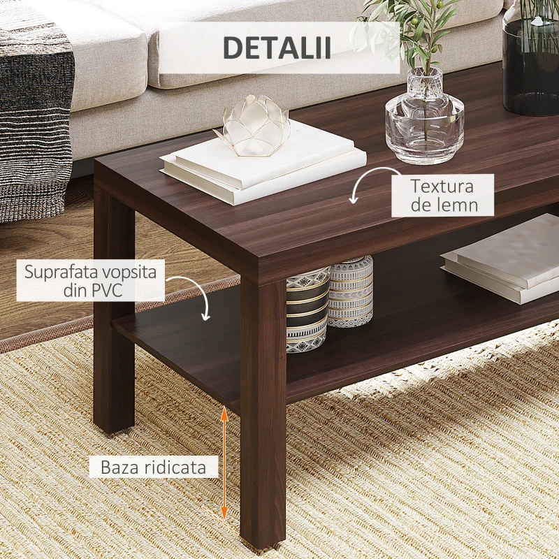 HOMCOM Măsuță de Cafea Rectangulară Clasică cu Raft Spațios de Depozitare din Lemn 90×45×44.5cm