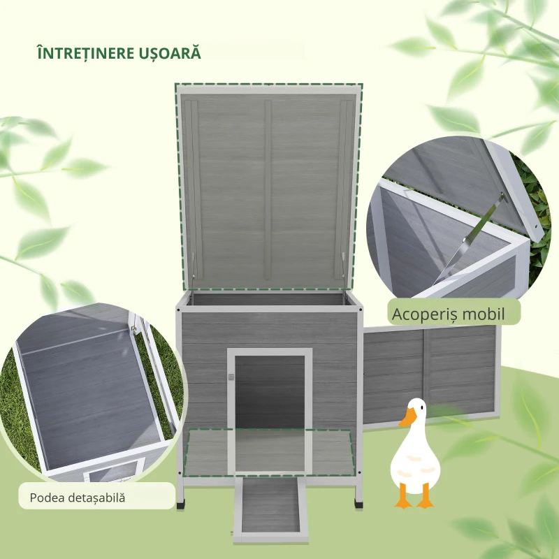 PawHut adăpost pentru rațe din lemn cu acoperiș din asfalt, podea detașabilă, ușă laterală, adăpost pentru păsări cu orificii de ventilație, rezistent la intemperii coteț pentru gâște adăpost pentru găini Gri deschis 63 x 82 x 76 cm
