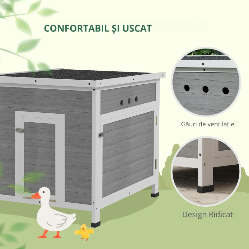 PawHut adăpost pentru rațe din lemn cu acoperiș din asfalt, podea detașabilă, ușă laterală, adăpost pentru păsări cu orificii de ventilație, rezistent la intemperii coteț pentru gâște adăpost pentru găini Gri deschis 63 x 82 x 76 cm