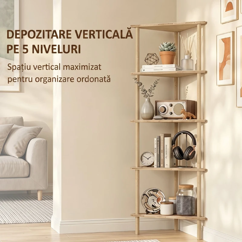 HOMCOM Etajeră de Colț din Bambus cu 5 Rafturi, pentru Casă, Finisaj Natural