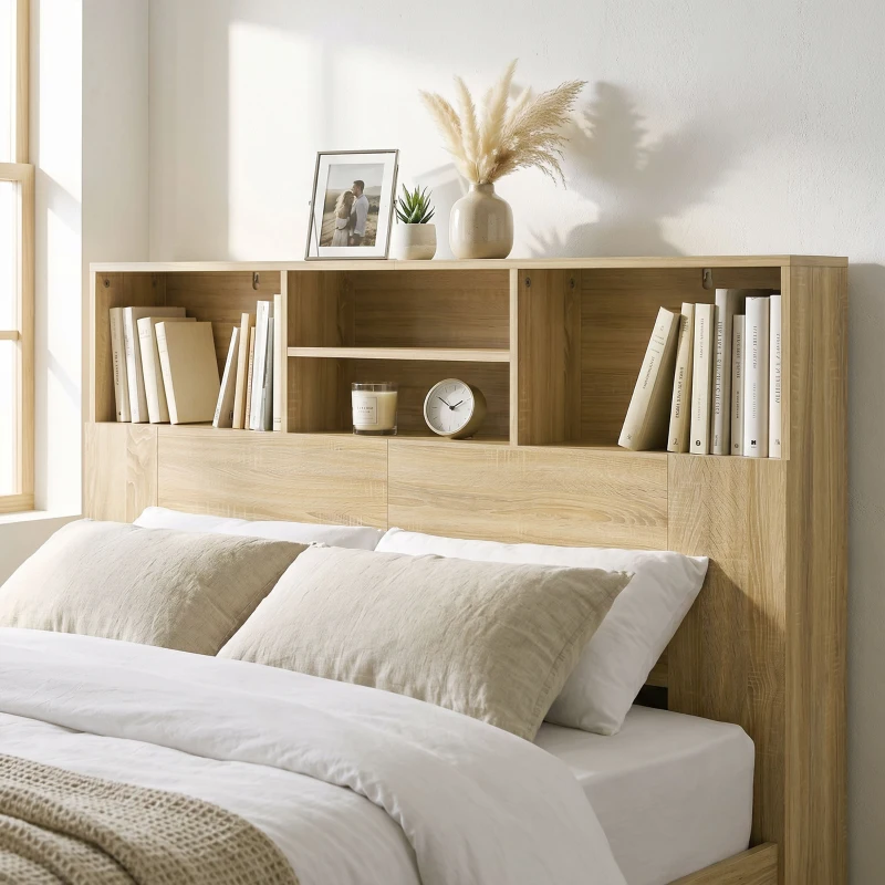 HOMCOM Cabeceira de Cama 140 cm com Arrumação e 4 Compartimentos Abertos, Carvalho