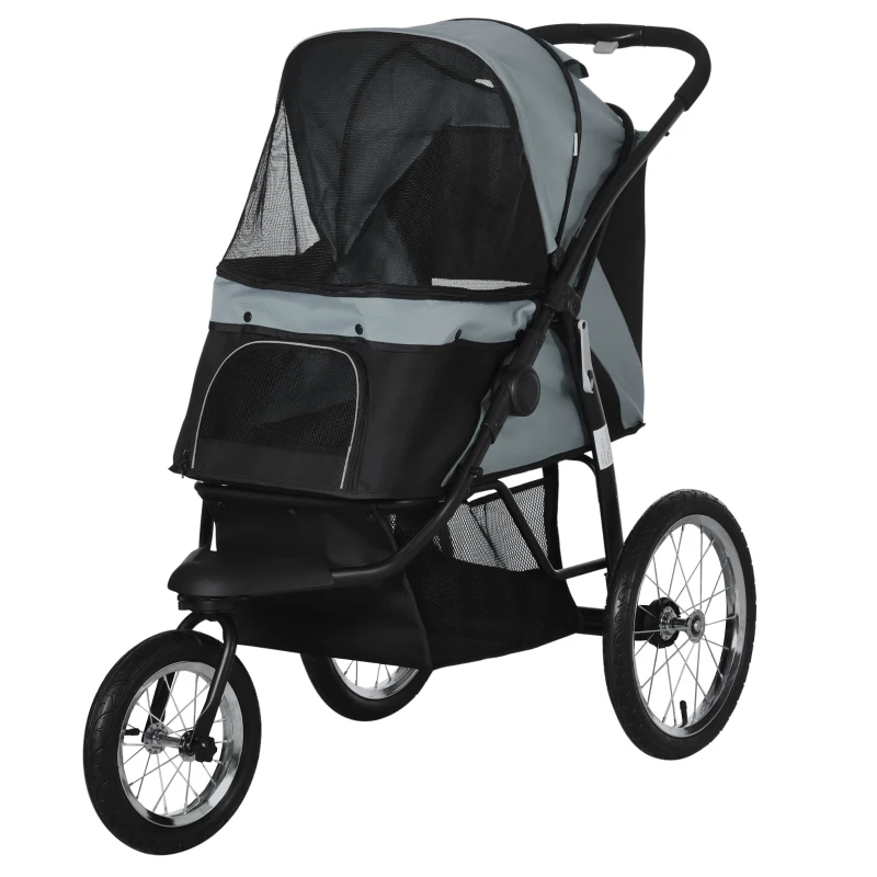 PawHut Hondenbuggy, inklapbaar, zonnescherm, gaasvenster, opbergmand, grijs, 111 x 58 x 107 cm(m-10)