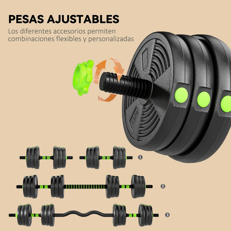 SPORTNOW Juego de Mancuernas Ajustables 20 kg 3 en 1 con Barras de Conexión y Mangos Antideslizantes para Gimnasio en Casa Verde
