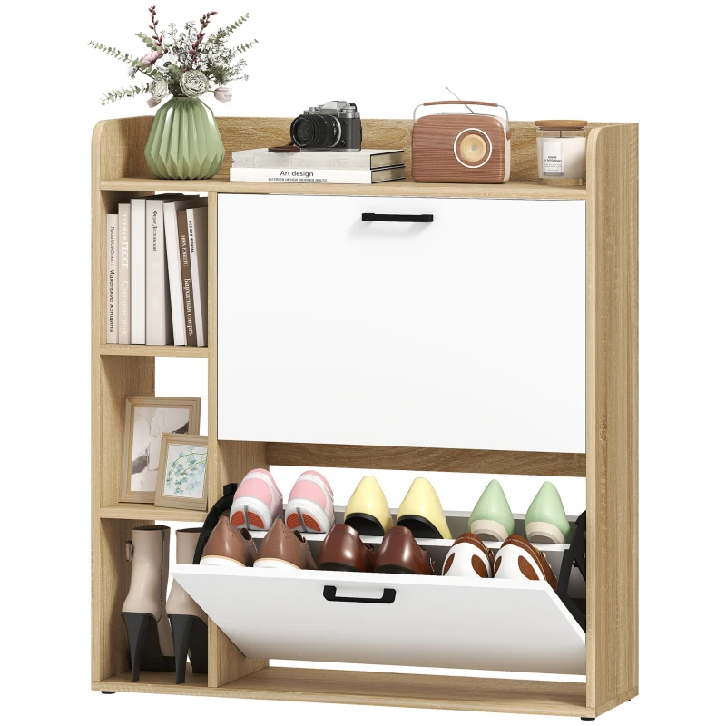 HOMCOM Scarpiera Slim con 2 Cassetti Ribaltabili e 3 Vani Aperti, Capacità 15 Scarpe, 83x24x90.5 cm, Color Legno e Bianco