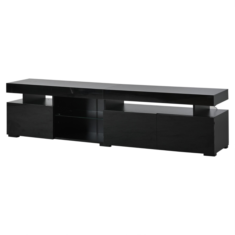 TV-Lowboard mit Hochglanz-Front, verstellbare Trennwand aus gehärtetem Glas, geeignet für Fernseher bis ca. 80 Zoll, 180x35x45 cm, Schwarz