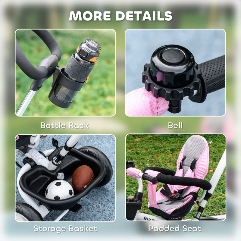 HOMCOM 6-in-1 Kinderdreirad mit Schiebestange, Dach, Gurt, Ablagekorb, 18+ Monate, Rosa