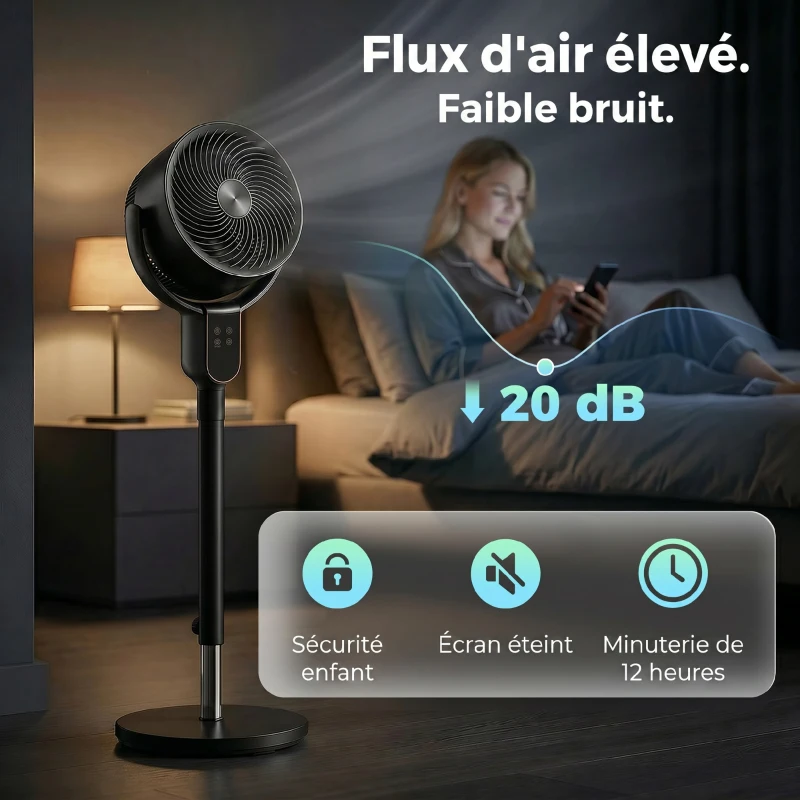 HOMCOM Ventilateur sur pied silencieux 20 dB, oscillation 70°+90°, 8 vitesses, télécommande, minuterie 12H, hauteur réglable