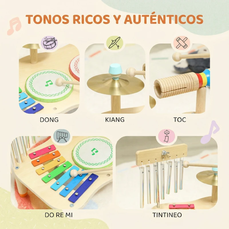 AIYAPLAY Instrumentos Musicales Infantiles de Madera Montessori con Tambor Xilófono Doble Tono Platillo Campana de Viento