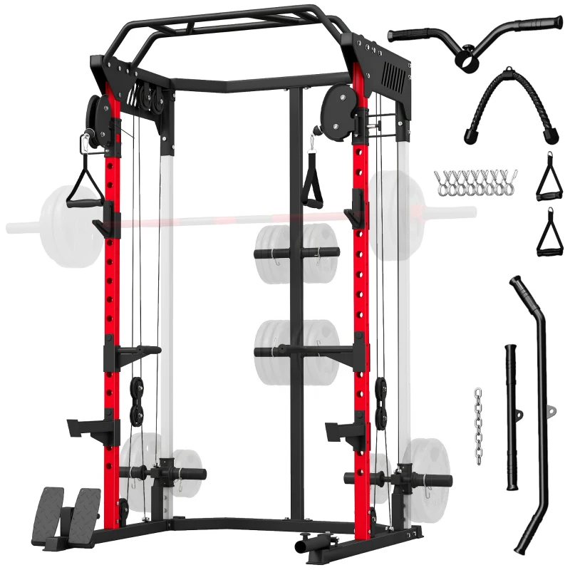 SPORTNOW Station de Musculation Power Rack 900kg Double Poulie Réglable 19 Niveaux Home Gym Complet pour Entraînement Force Noir