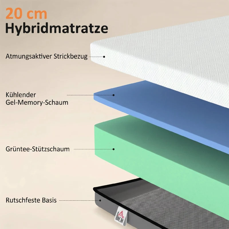 HOMCOM Matratze Taschenfederkernmatratze mit Memory-Schaumstoff grünem Tee H3 Härtegrad Oeko-TEX & CertiPUR 200x90x20 cm Grau