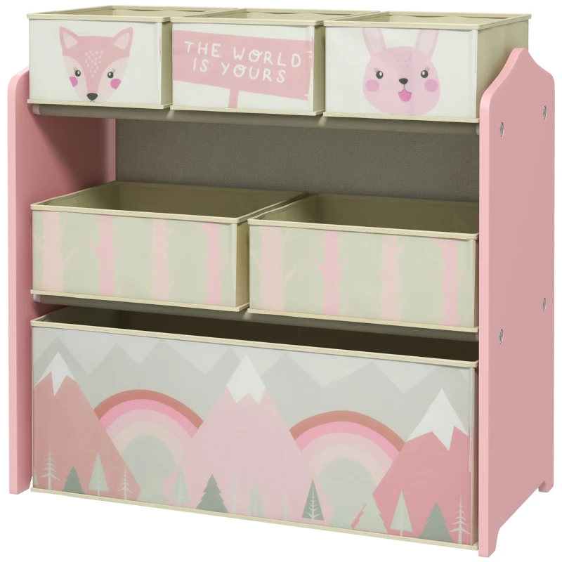 ZONEKIZ Kinderschrank mit 6 Stoffboxen, niedliches Motiv, 63x30x66 cm, Rosa