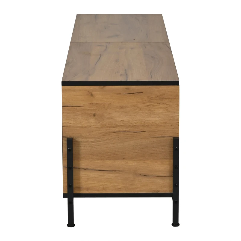 Comodă TV joasă, cu design geometric contrastant, potrivită pentru televizoare de până la aprox. 65 inch, 153x40x50 cm, Culoare naturală