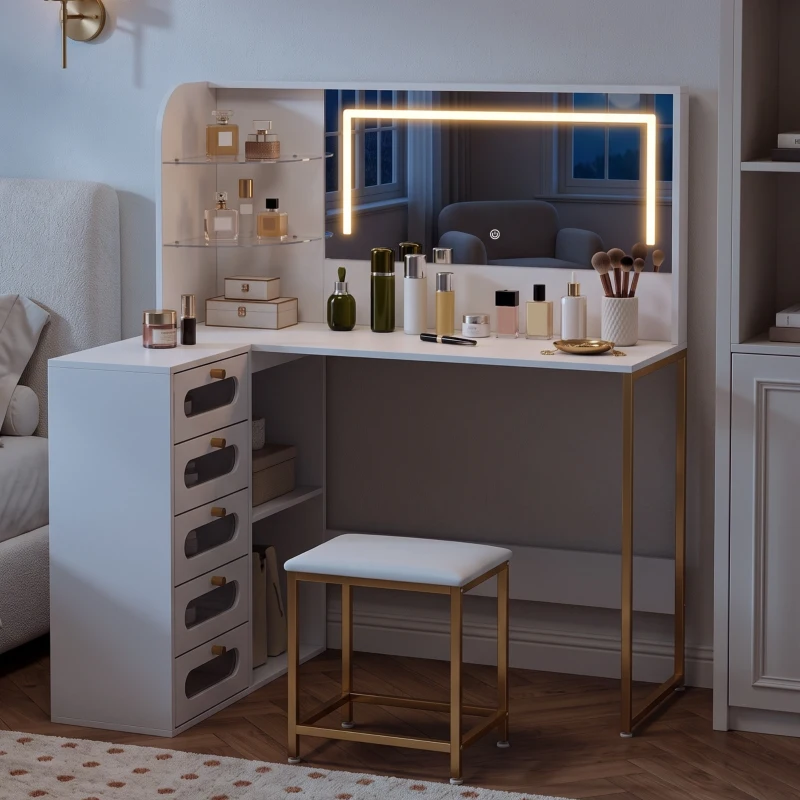 HOMCOM Schminktisch mit Spiegel LED-Lichter Hocker 5 Schubladen 2 Fächer und 2 Glasablagen Weiß