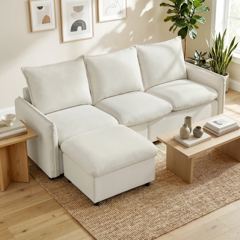 HOMCOM Sofá de Canto 3 Lugares Modular em Tecido Efeito Pele Respirável com Compartimento no Pufe Almofadas Creme