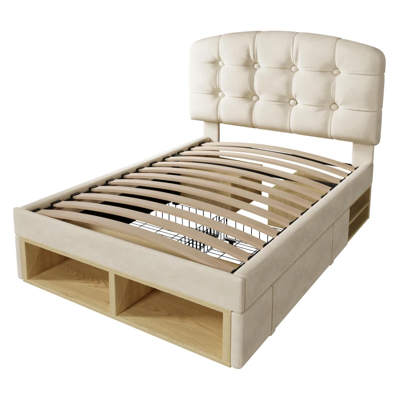 Polsterbett 90x200, dreifach höhenverstellbar, integrierte Schubladen und Staufächer, 207x101x120 cm, Beige