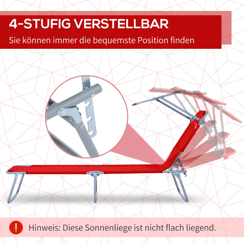 Outsunny Klapbare ligstoel met zonnescherm, verstelbare rugleuning, metalen frame, 187 x 58 x 36 cm, rood