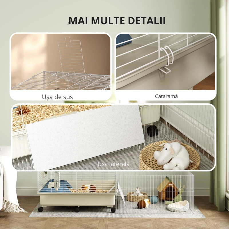 PawHut Cușcă pentru animale mici, balcon, rampă, suport pentru fân, sticlă pentru apă, design cu 2 nivele, alb