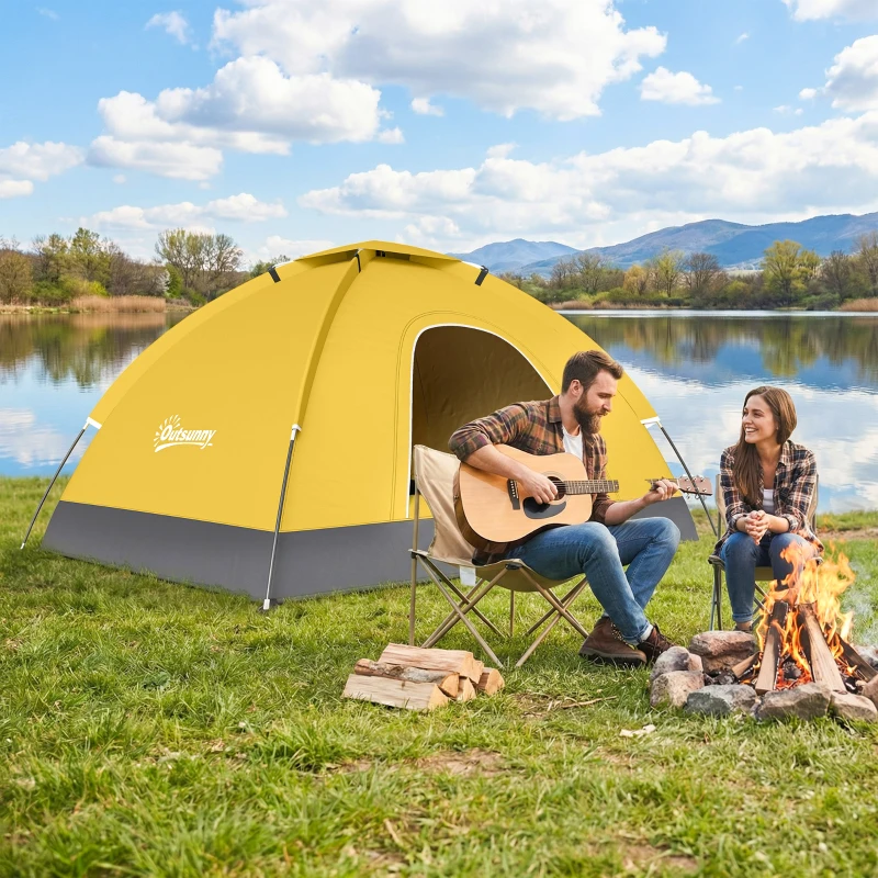 Outsunny 2 Person Camping Tent, Dome Tent with Zipped Doors, Storage Pocket, Portable Handy Bag, Yellow
