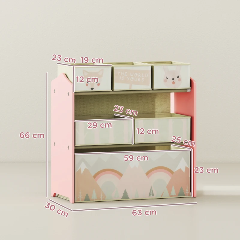 ZONEKIZ Kinderschrank mit 6 Stoffboxen, niedliches Motiv, 63x30x66 cm, Rosa