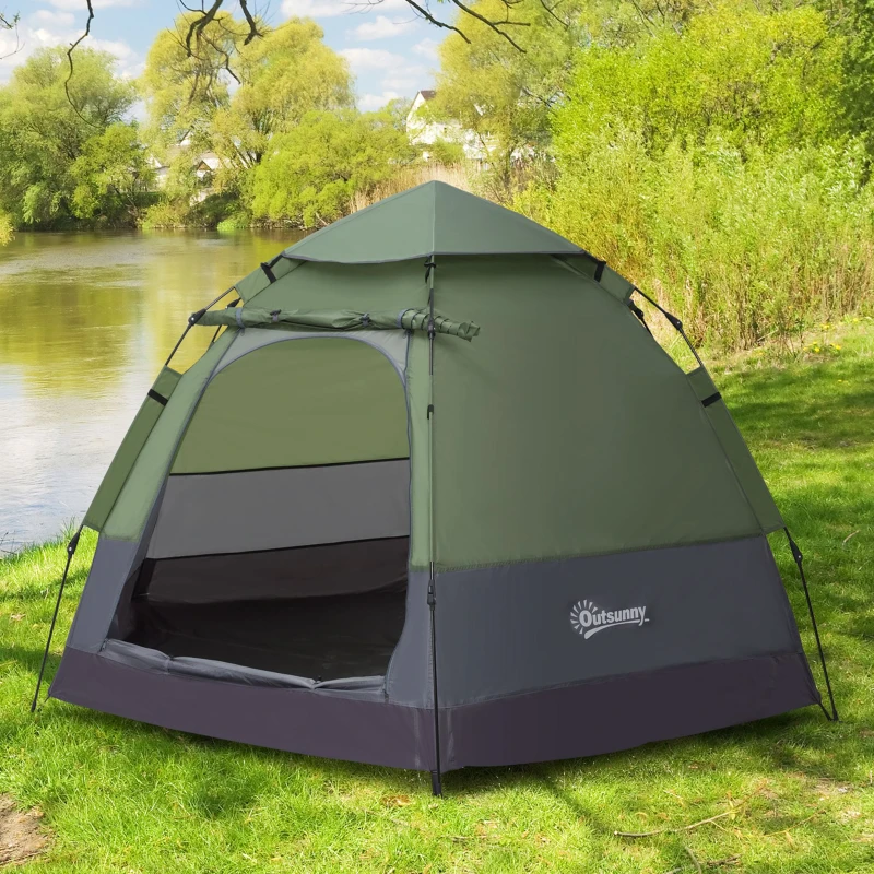 Outsunny Tente pop up tente de camping 3-4 pers. tente dôme étanche légère ventilée facile à monter 2 grandes portes dim. 2,6 x 2,6 x 1,5 m fibre verre polyester oxford vert gris