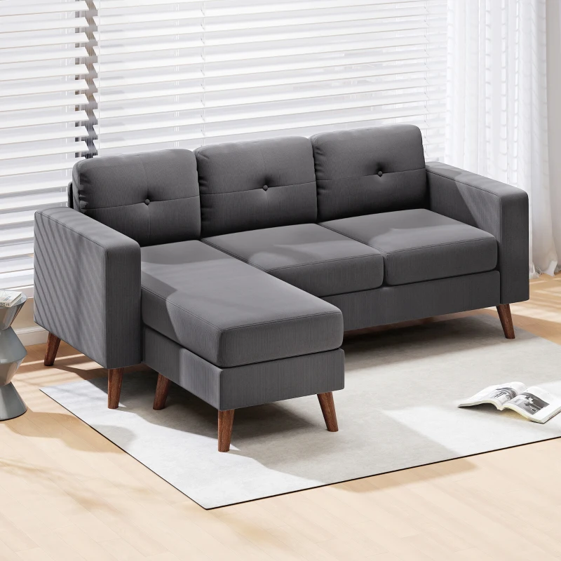 HOMCOM Sofá Chaise Longue Reversible de 3 Plazas Tapizado en Pana Marco de Acero para Espacios Reducidos Gris Oscuro