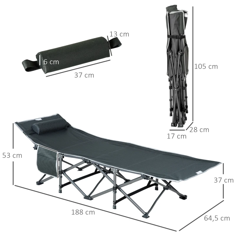 Outsunny Lettino da Campeggio Pieghevole e Imbottito con Tasca Portaoggetti, 188x64.5x53 cm, Grigio